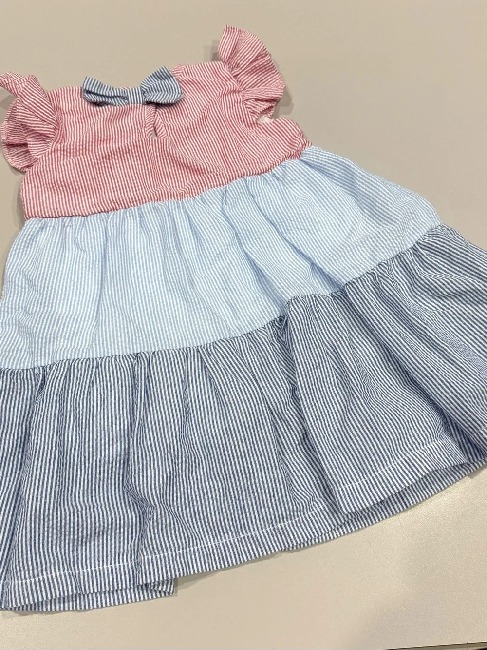Stitchy Fish Girls Size 2T Tiered Stripe Dress Pink, Light Blue & Navy Like New!